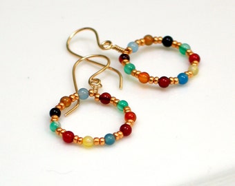 Bright Gold and Colorful Stone Beaded Dangles, Festive Hippie Earrings, Colorful Hoops, Bright Beaded Earrings