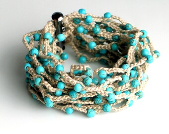 Beaded Crocheted Cuff, Wide Thick Cotton Bracelet in Linen with Turquoise Beads, Artist's Original Fiber Cuff, Vogue Crochet 2012