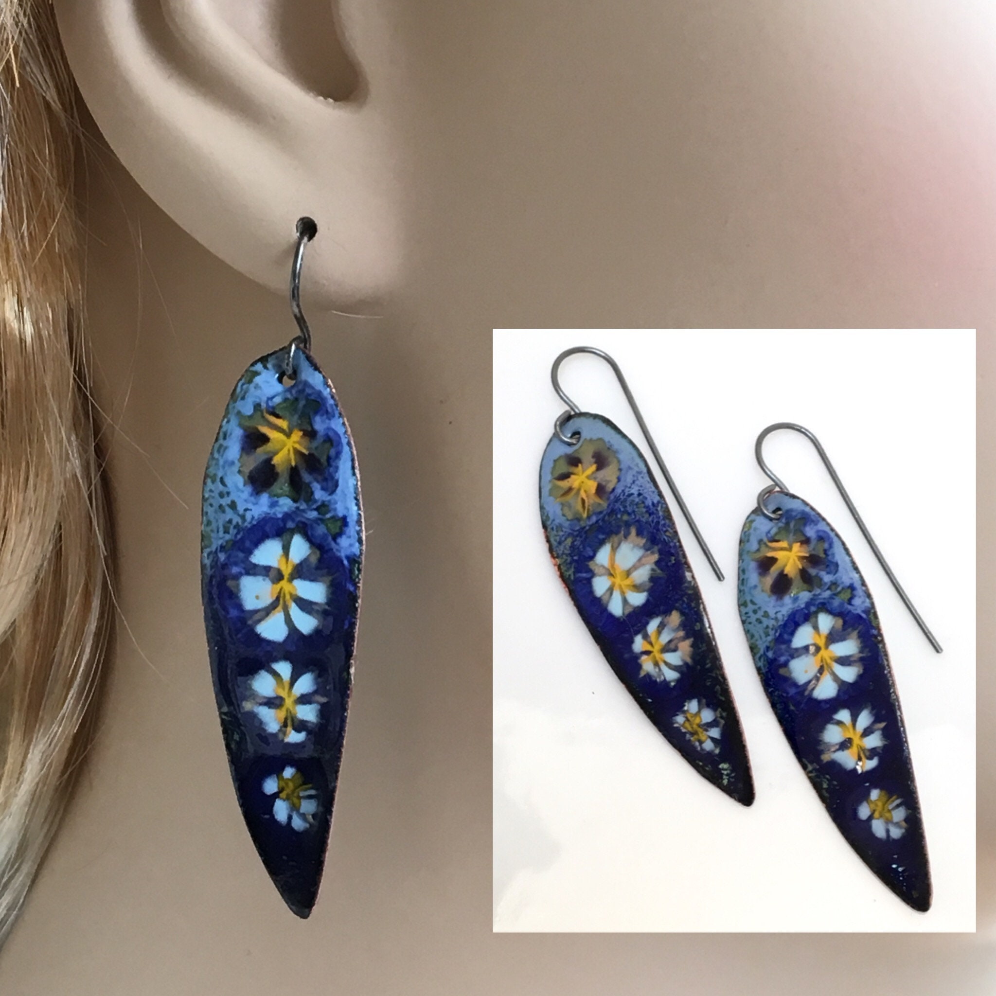 Copper Enamel Earrings, Enameled Leaf Shaped Dangles, Blue and White