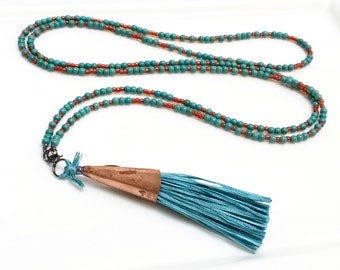 Long Beaded Necklace with Handmade Silk Tassel, Turquoise Beads and Carnelian Red Glass Wrap Chain, Silk Tassel with a Handmade Copper Cone