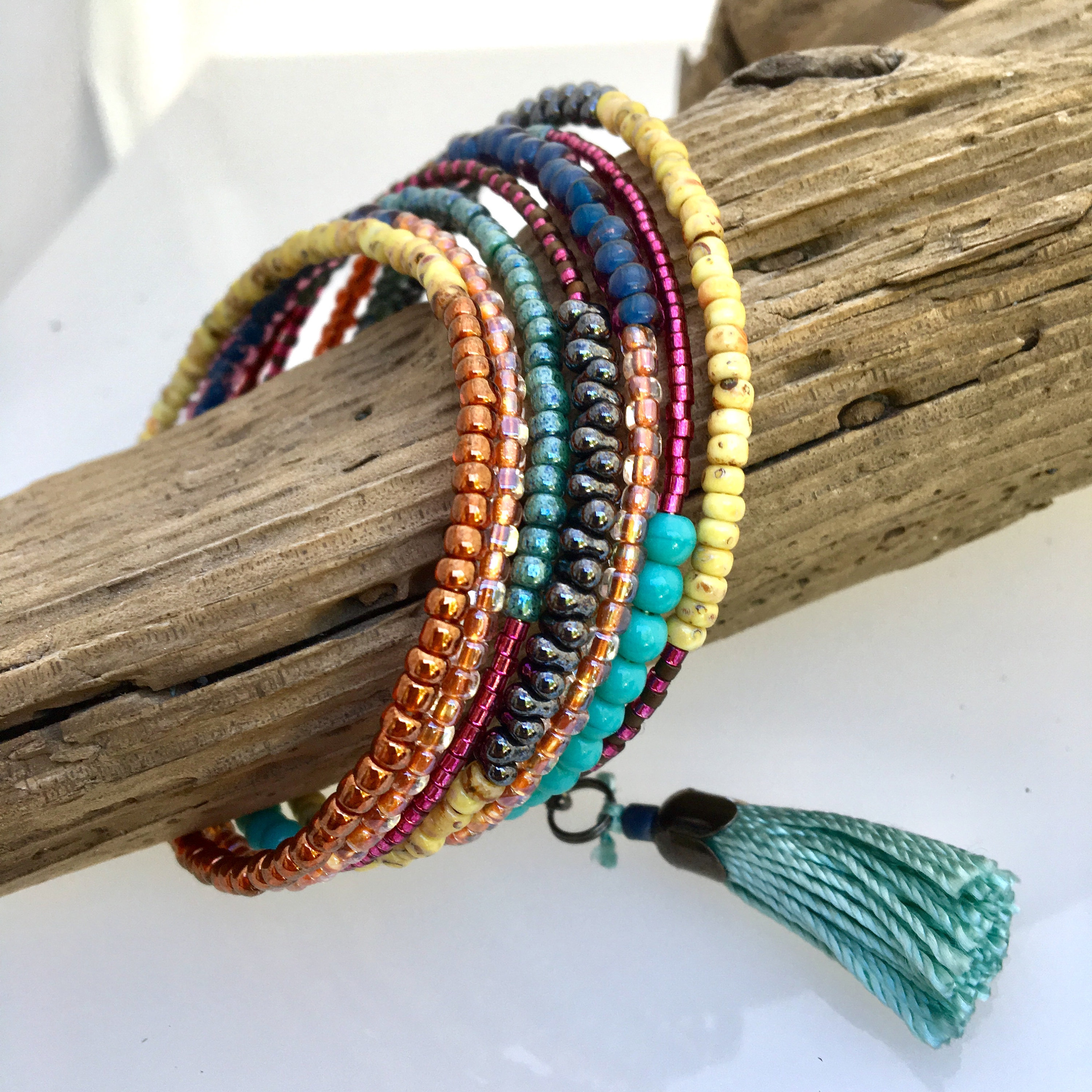 Download Multi Color Glass Wrap Cuff, Original Artistic Mix of Texture & Color, Boho Vibe Steel Memory ...