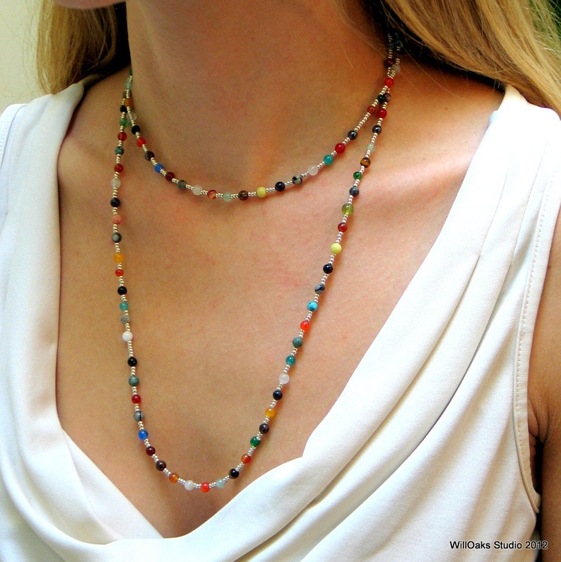 Multi Colored Bead Necklace, Colorful Long Stone Beaded Necklace, Layering Hippie Chain, Boho, Wrap Cuff image 2