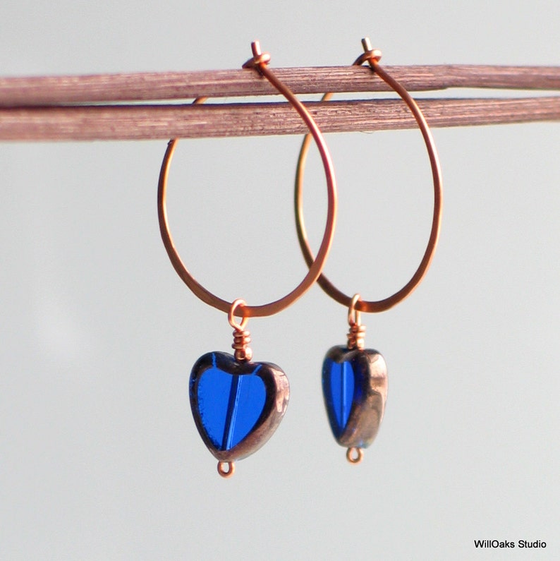 Cobalt Blue Heart Hoops, Czech Glass Heart on Handmade Copper Hoop Earrings, Transparent Glass Heart Earrings for Giving image 3