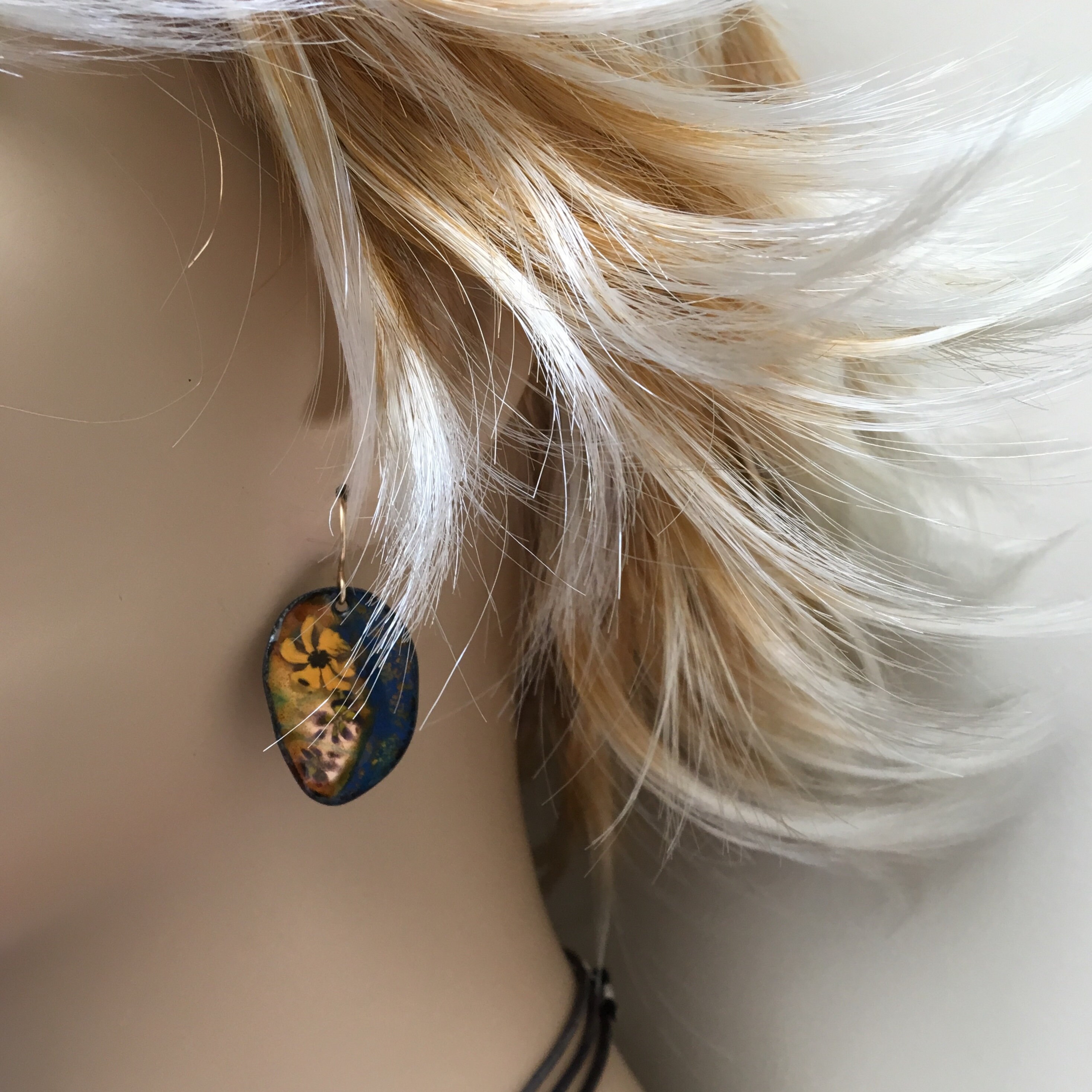 Enameled Earrings Navy Blue & Gold Leaves, Enamel Jewelry, Copper Leaf Dangles, Handmade Glass