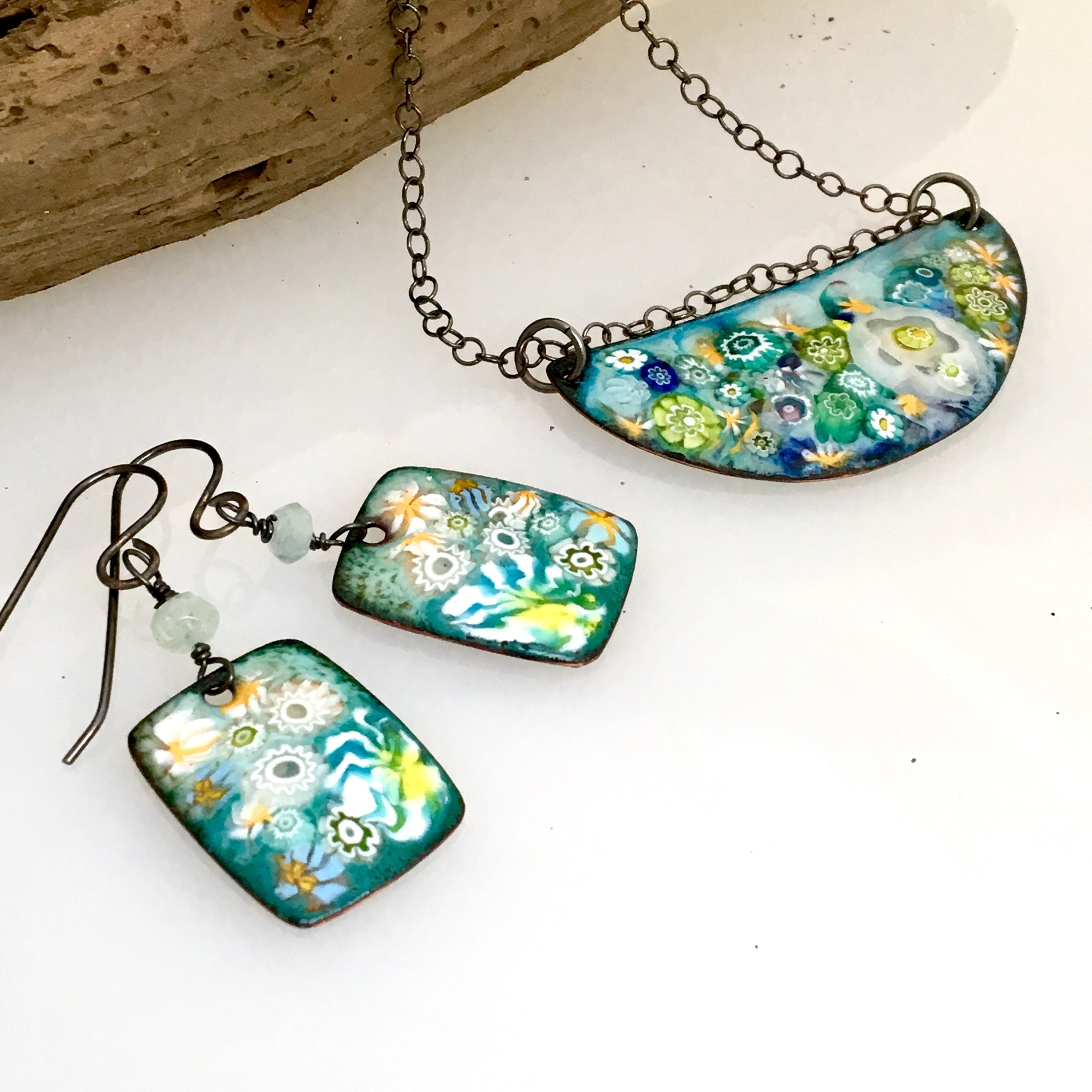 Fresh Flowery Enamel Pendant and Earring Set, Copper Enameled Jewelry, Patterned Earrings and