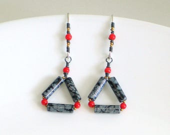 Black and White Triangle Dangles, Coral and Obsidian Mixed Metal Earrings, Black and White Fashion Trend, WillOaks Studio