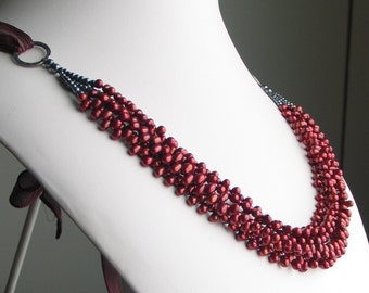 Scarlet Red Tiny Pearls Bib Necklace, Red Multistrand Statement, Pearls on Painted Silk Ties, Deluxe Gift, Designer Pearl Necklace