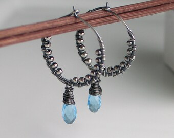 Aquamarine Blue Crystal Jewelry, Sky Blue Drops Textured Silver Hoop Earrings, Swarovski Crystal Dangles, March Birthstone