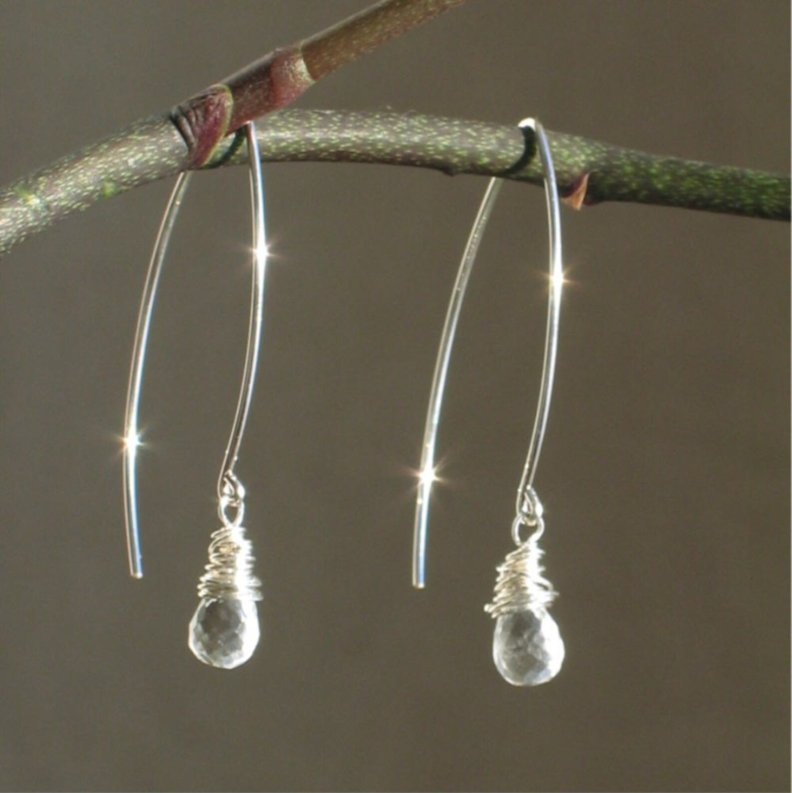Clear Quartz Crystal Dangle Earrings, Wire Wrapped Winter Dawn Earrings