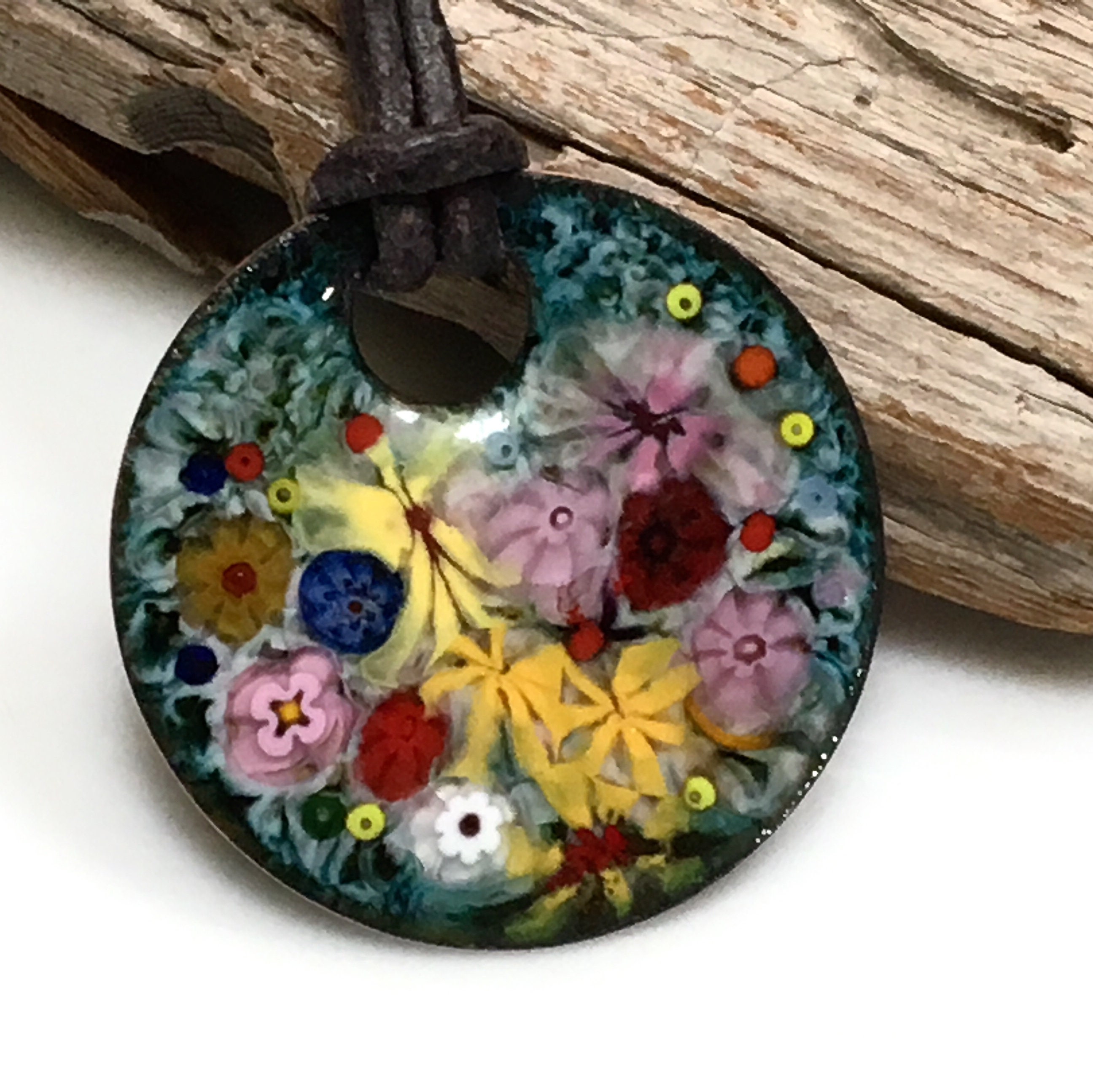 Handmade Enamel Jewelry, Enameled Copper Pendant, Colorful Flowers Art