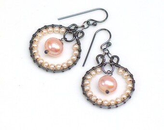 Pearl Hoop Earrings, Beaded Pearl Dangles, Original Artisan Handmade Sterling Earrings, WillOaks Studio Design, Select Peach White or Gray