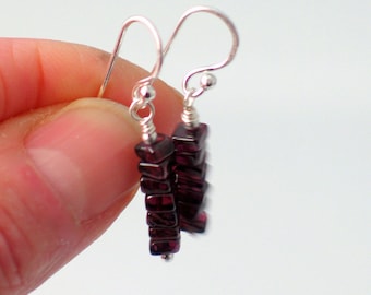 Garnet Stacked Earrings, Square Garnets on Fine Silver Dangle Earrings, Stacked Stone Series, WillOaks Studio Original Earrings, January