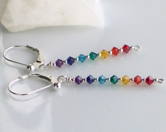 Rainbow Dangle Earrings, Yoga Chakra Crystals, Yogini Earrings, Sterling Silver Colorful Jewelry