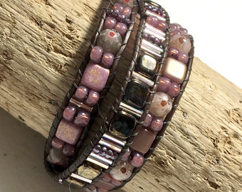 Three Wrap Cuff, Woven Glass & Leather, Shades of Mauve Bronze, Spring Inspired 3-Wrap Bracelet, Original WillOaks Studio Artisan Jewelry