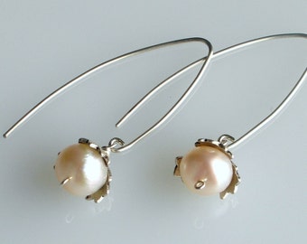 White Pearl and Silver Bud earrings