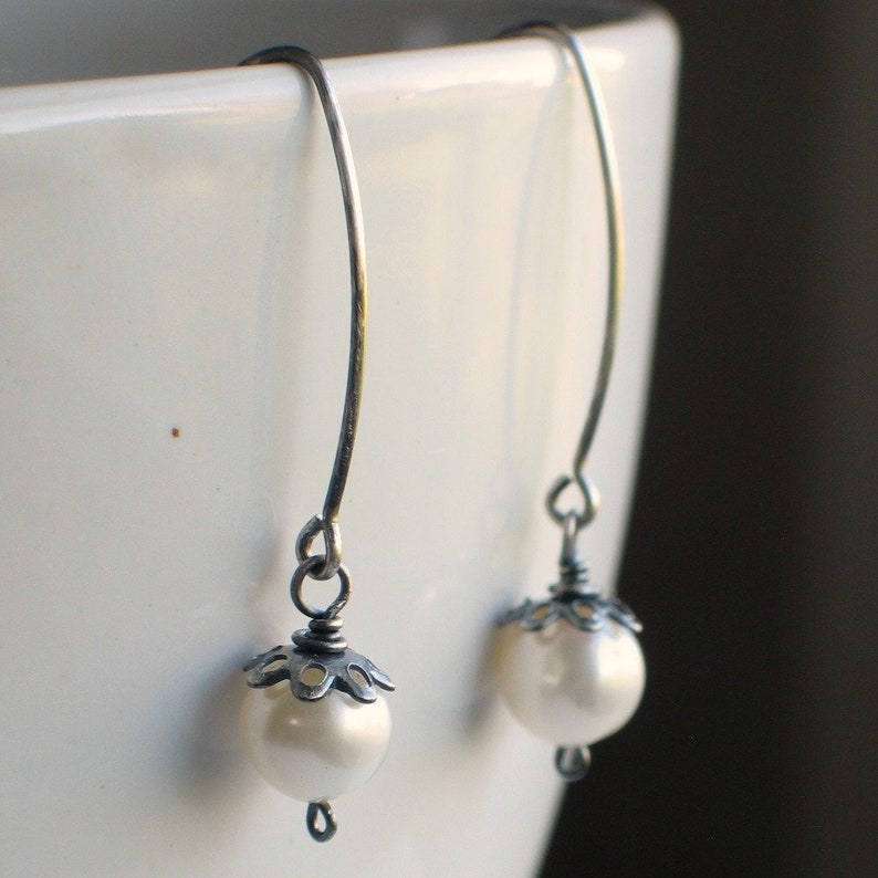 White Pearls and Oxidized Silver Earrings, Long Wire Drop Earrings, Freshwater Pearls, Modern Classic image 3