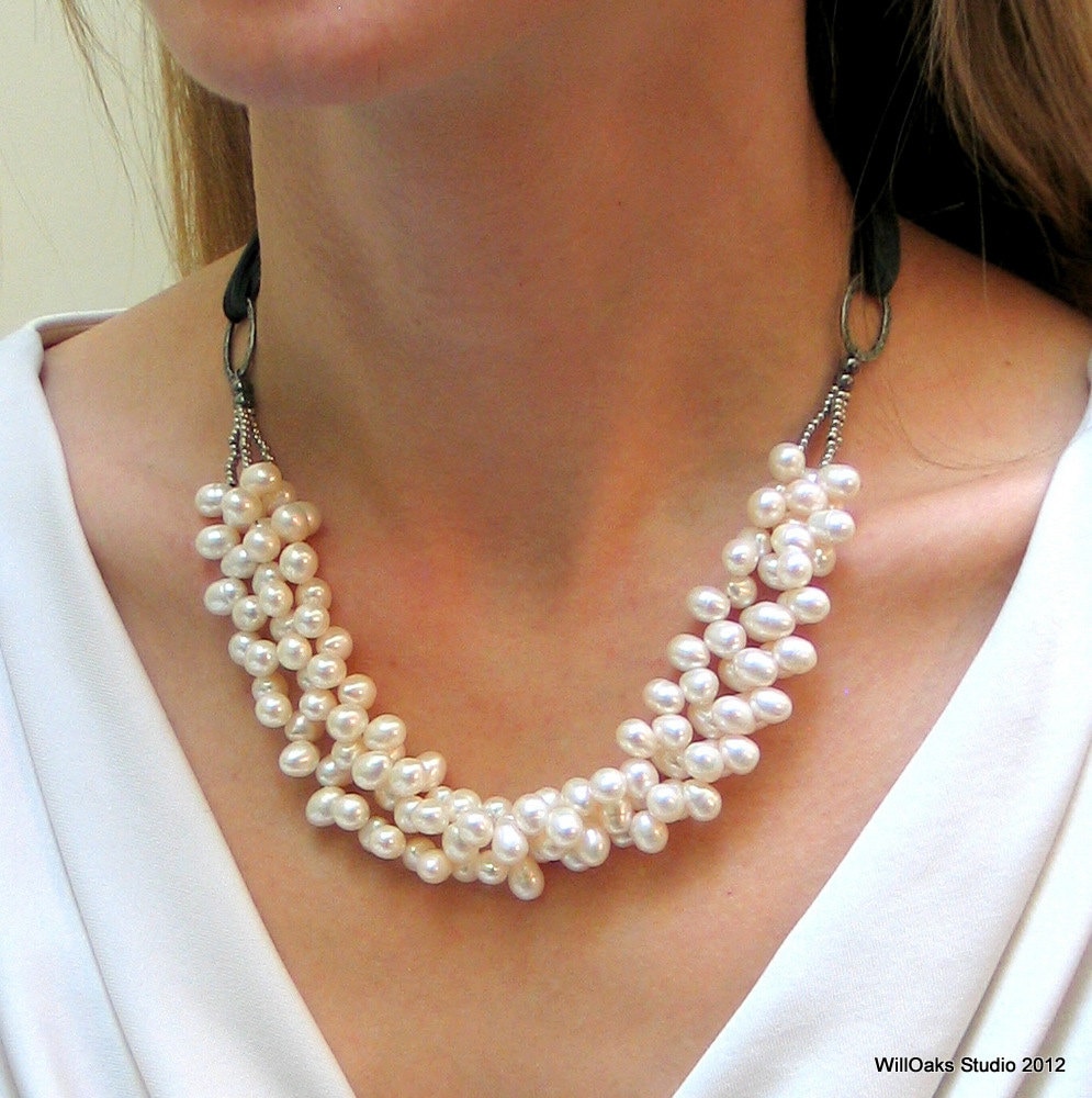 White Freshwater Pearl Necklace, Multistrand Bib on Silk Ribbon