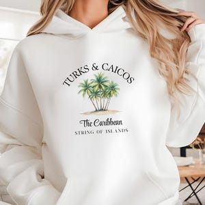 Turks and Caicos Hoodie, String of Islands Hooded Sweatshirt, Caribbean Palm Tree Pullover, Tropical Beach Jumper, Scuba Diving Cruise Gift