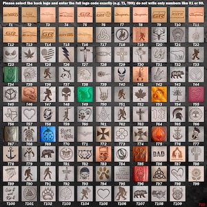 May include: A grid of 109 square icons featuring various logos, symbols, and illustrations, each labeled with a unique code from T1 to T109. The collection includes automotive logos, animals, religious symbols, hearts, and text-based designs.