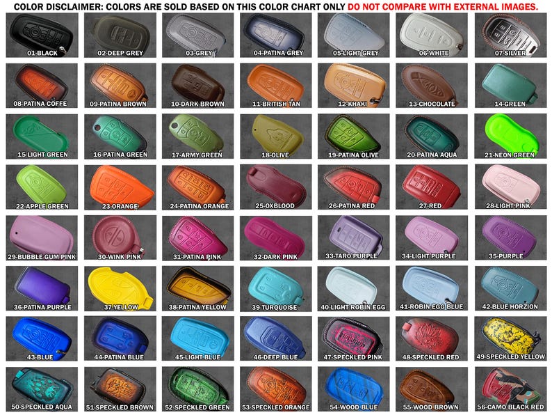 May include: A color chart displaying 56 individual car key fob covers in various shades and finishes, labeled 01 through 56. The grid includes solid colors, patina finishes, and speckled patterns, with a disclaimer at the top in red text.