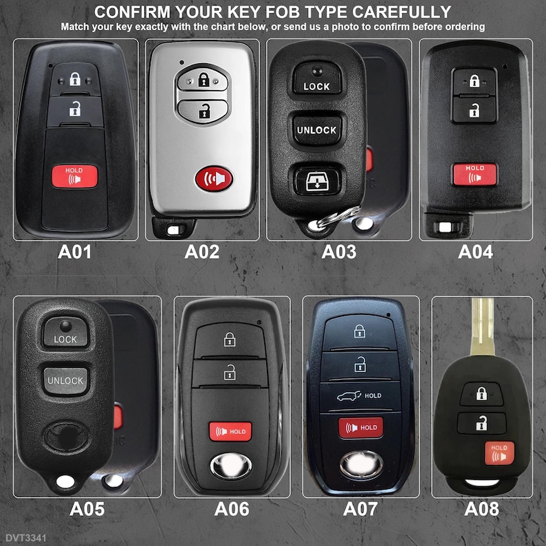 May include: A reference chart displaying eight distinct black and silver automotive key fobs labeled A01 through A08. The text at the top reads: CONFIRM YOUR KEY FOB TYPE CAREFULLY. Match your key exactly with the chart below, or send us a photo to confirm before ordering.