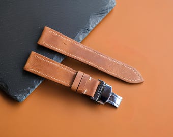 Handmade Slim Watch Strap Brown Cowhide Leather Band Custom Size Custom Logo Name, Sizes 24mm 22mm 20mm 18mm 16mm Custom Straps