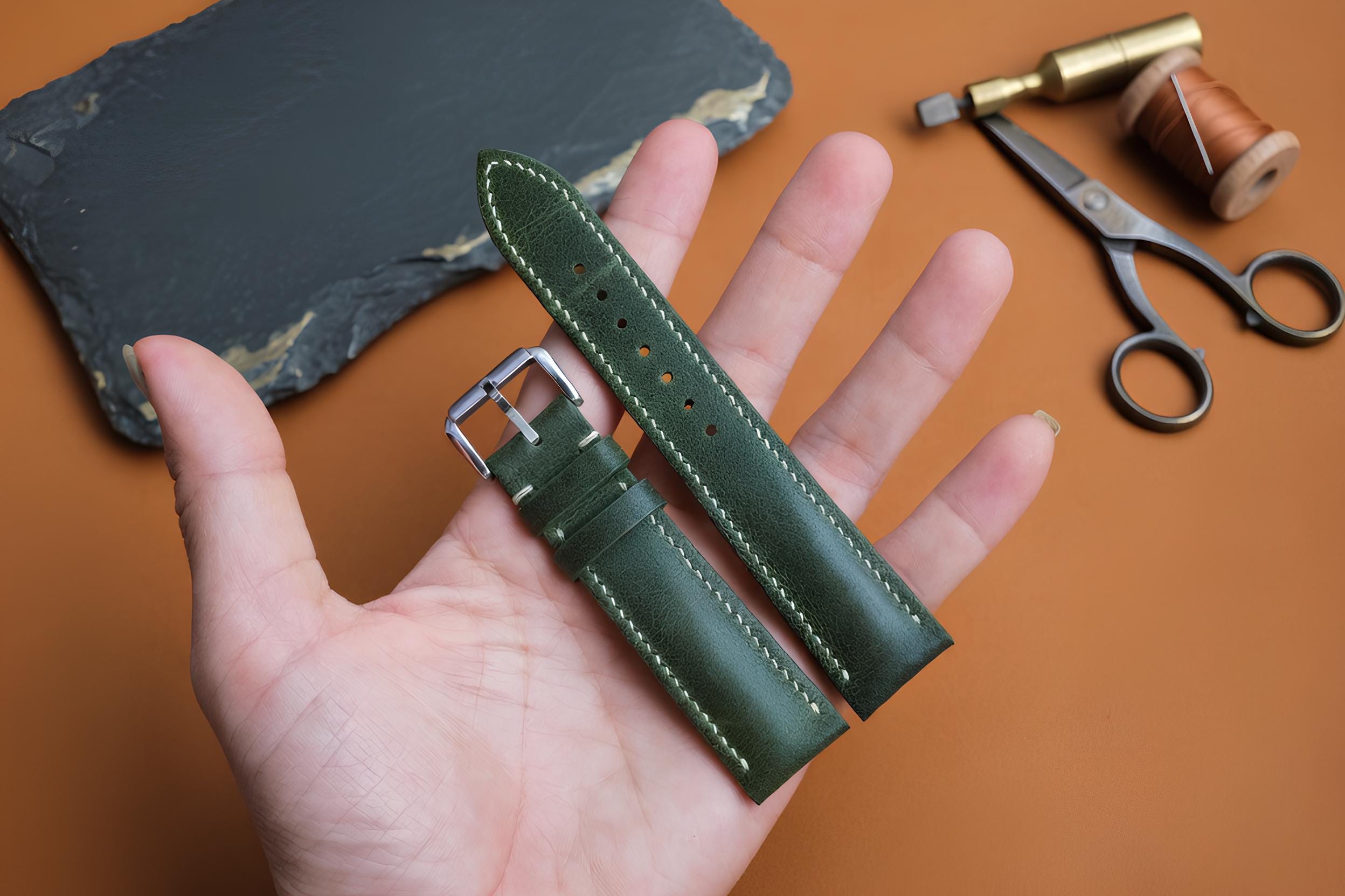 Olive Vachetta Leather Watch Strap Handmade Custom Replacement Band,…