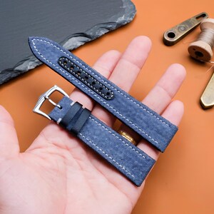 Blått läderarmband i canvas, handgjort, äkta reservarmband, anpassade storlekar 24 mm 22 mm 20 mm 18 mm 16 mm Anpassad logotyp