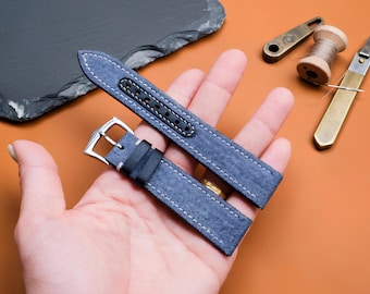 Blue Canvas Leather Watch Strap Handmade, Genuine Replacement Band, Custom Sizes 24mm 22mm 20mm 18mm 16mm Custom Logo Name