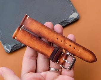 Patina Brown Vegetable-Tanned Leather Watch Strap – Handmade, Custom Sizes 16mm–24mm, Personalized