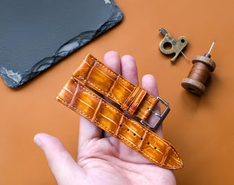 Correa de reloj de piel de caimán amarilla patinada, correa de repuesto de piel hecha a mano, tamaños 24 mm, 22 mm, 20 mm, 18 mm y 16 mm, correas personalizadas con logotipo y nombre.