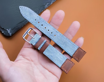 Canvas Leather Watch Strap Light Blue– Handmade Genuine Replacement Band, Custom Logo & Sizes 16mm 18mm 20mm 22mm 24mm