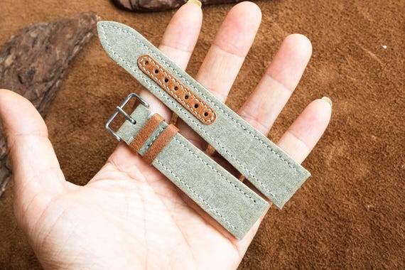 Canvas watch strap Pale Sage Green leather handmade custom logo sizes 26mm 24mm 23mm 22mm 21mm 20mm 19mm 18mm 17mm 16mm