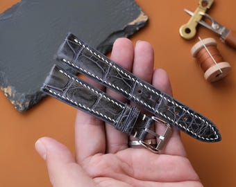 Handmade Grey alligator vietnam minimalist style Leather  Custom Size 22mm 21mm 20mm 19mm 18mm 16mm Watch Band Zermatt Lining for Men Women
