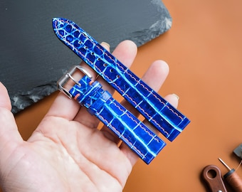 Correa de reloj de piel de caimán azul: correa de repuesto de alta calidad hecha a mano, de piel de alta calidad, tamaños: 24 mm, 22 mm, 20 mm, 18 mm y 16 mm. Correas personalizadas con logotipo y nombre.