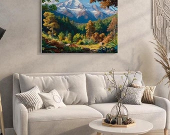 May include: A painting of a mountain landscape with a snow-capped peak and lush green trees. The sky is blue with white clouds. The painting is framed and hanging on a wall.
