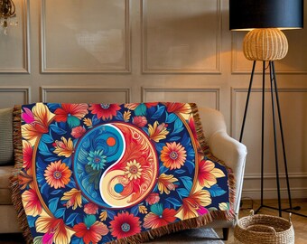 Floral Yin Yang Webdecke: Boho Baumwolle Überwurf, Meditation Dekor