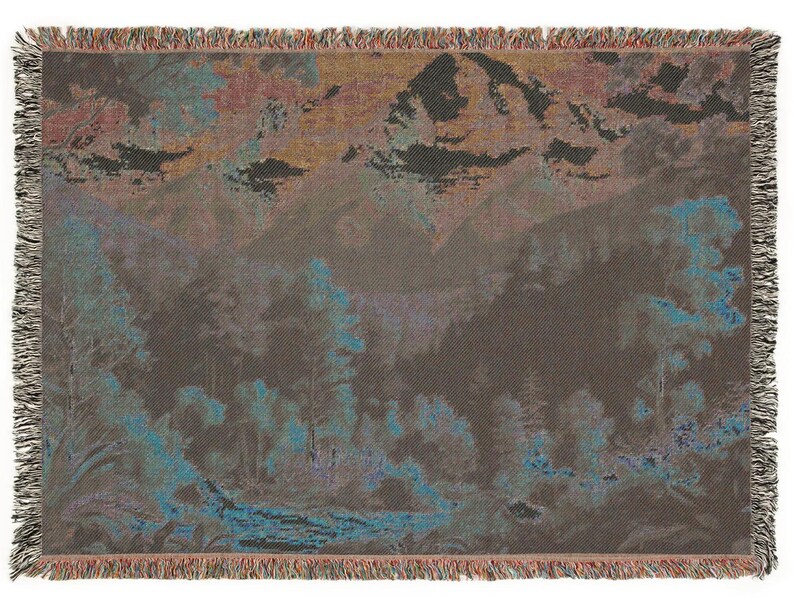 A beautiful vivid display of a mountainous background with a forest setting. Stitched scenic display of nature makes this comfy woven blanket perfect for all nature enthusiasts, and as a home decor gift. Great for a cozy night in.