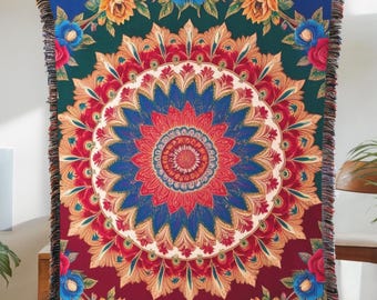 Couverture tissée mandala florale : jeté de coton bohème