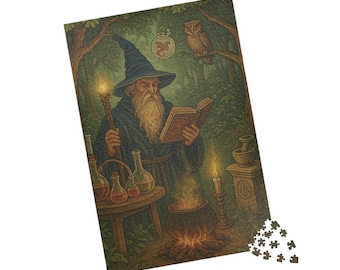 May include: A jigsaw puzzle featuring a wizard reading a book in a forest setting. The wizard wears a blue hat and robe, holding a staff with a glowing orb. A cauldron bubbles over a fire, with an owl perched on a branch.