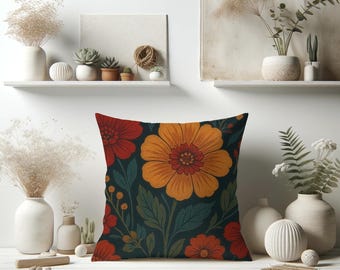 Poduszka w kwiaty w stylu vintage | Kwadratowa poduszka dekoracyjna, ciemny wzór botaniczny