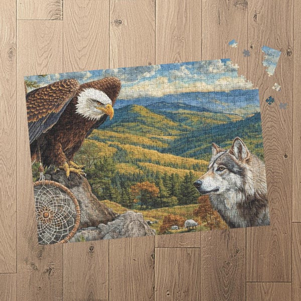Rompecabezas de paisaje de montaña Eagle and Wolf de 250, 520 o 1014 piezas / Rompecabezas escénico de naturaleza salvaje