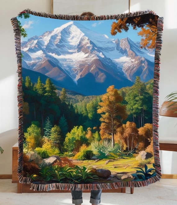 Woven Throw Blanket: Forest Mountain Scene, Nature Theme Decor