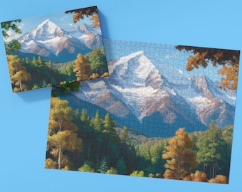 May include: A jigsaw puzzle depicting a snow-capped mountain range with a forest in the foreground. The mountain peaks are covered in white snow, and the forest is a mix of green and brown trees. The sky is a bright blue.