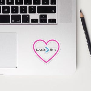El amor es más grande que el odio. Pegatinas sin burbujas con cita motivacional, símbolo de la paz, diseño de corazón rosa, pegatina para portátil, refrán inspirador.
