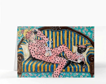 Whimsical Greeting Card-Coffee and Cat Theme – Blank Birthday or Any Occasion Card