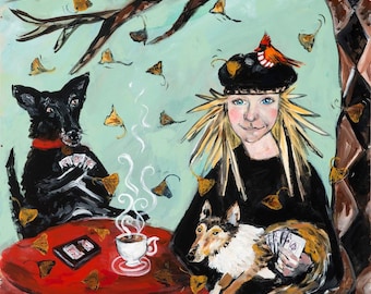Whimsical Art Print "Dog Card Game" Quirky Home Decor from Original Acrylic Painting