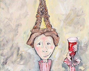 Whimsical Art Print "Eiffel Tower Girl" -Quirky Home Decor from Original Painting