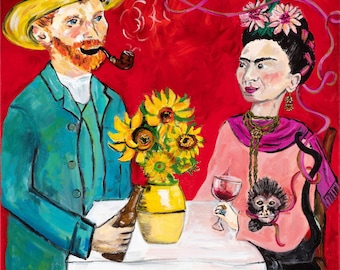 Whimsical Decor Print- Frida Kahlo & Van Gogh- Quirky Wall Art from Original Painting