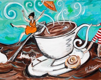 Whimsical Art Print "Coffee Cruise"  -Quirky Home Decor from Original Painting